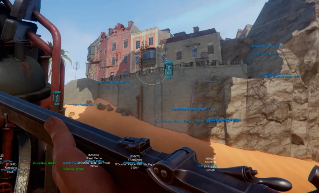 Loot and enemy ESP overlay across a desert town